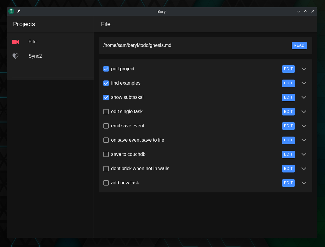 beryl gui screenshot.  shows a list of tasks